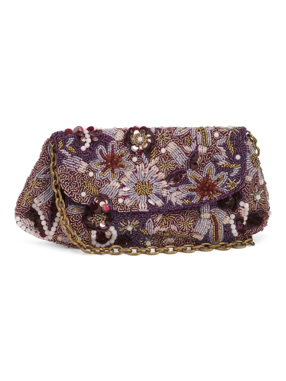 Beaded Floral Purple Evening Clutch with Chain Strap
